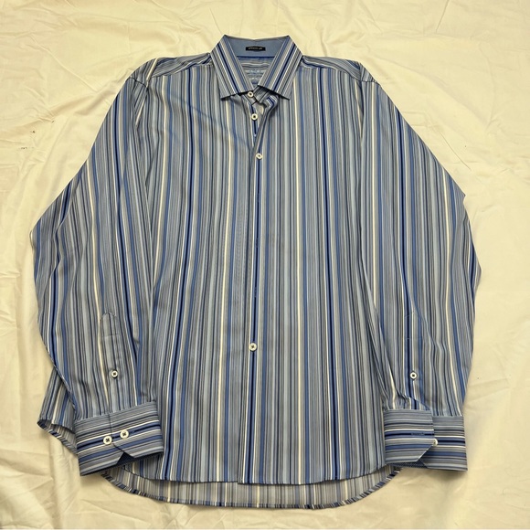 Bugatchi Uomo Men's Large Classic Fit Blue StripedLong Sleeve Button Front Shirt - Picture 1 of 3